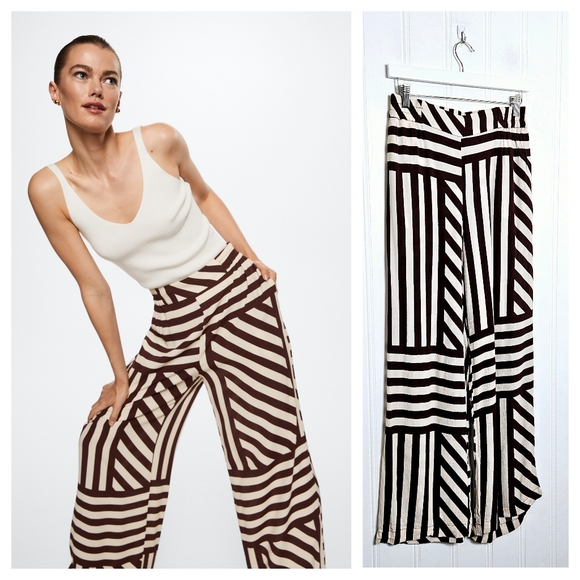 MNG Mango Wide Leg Pants Womens M Chocolate Brown Abstract Print Flowy Trouser - Picture 1 of 16